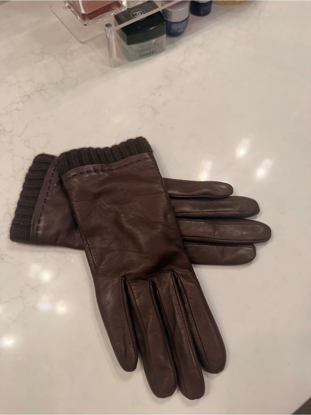 Women ‘SBrown Leather Gloves with Knit Cuff